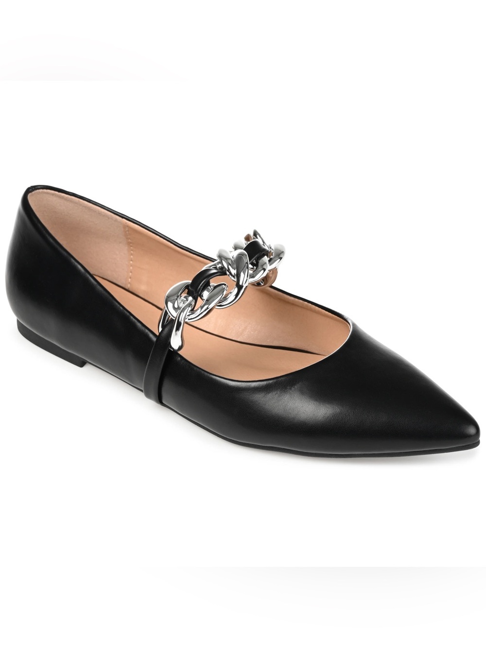 Journee Black Pointed Toe Mary Jane Silver Chain Flats Sz 7 BNWOB
